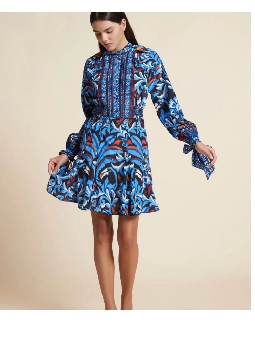 FARM Rio Blue Red Black Printed Long-Sleeve Mini Dress